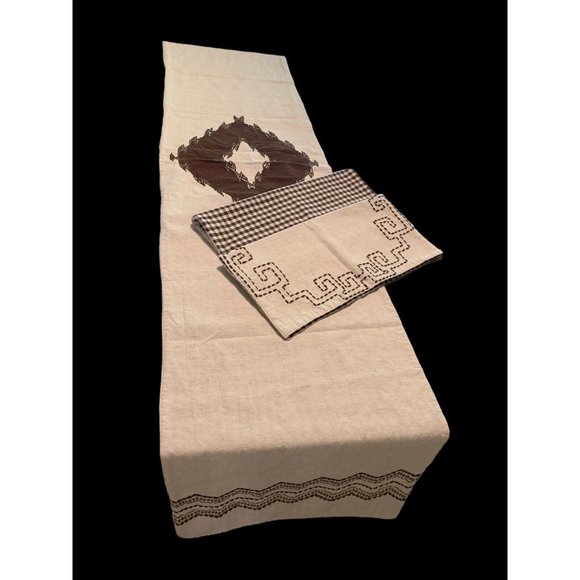 Embroidered Linen Cotton Table Runner 6 Napkins Ponderosa Brown Gingham 2 Sided - Picture 1 of 12